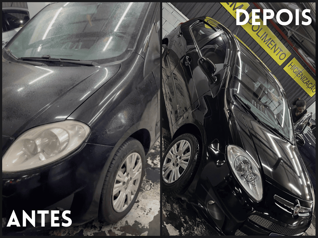 Comparativo antes e depois de polimento técnico em carro preto na LustroPrime.